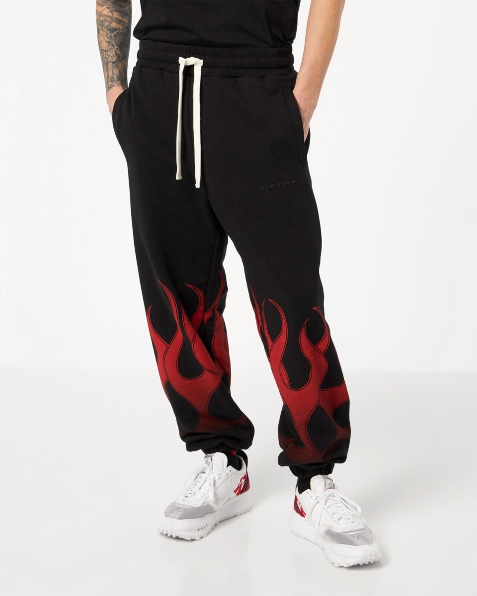 Vision Of Super BLACK PANTS WITH RED FLAMES Novità
