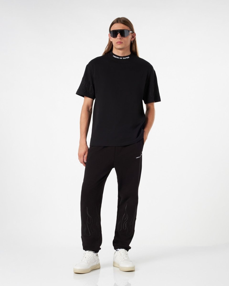 Vision Of Super BLACK PANTS WITH BLACK EMBROIDERED FLAMES Ultimo giorno