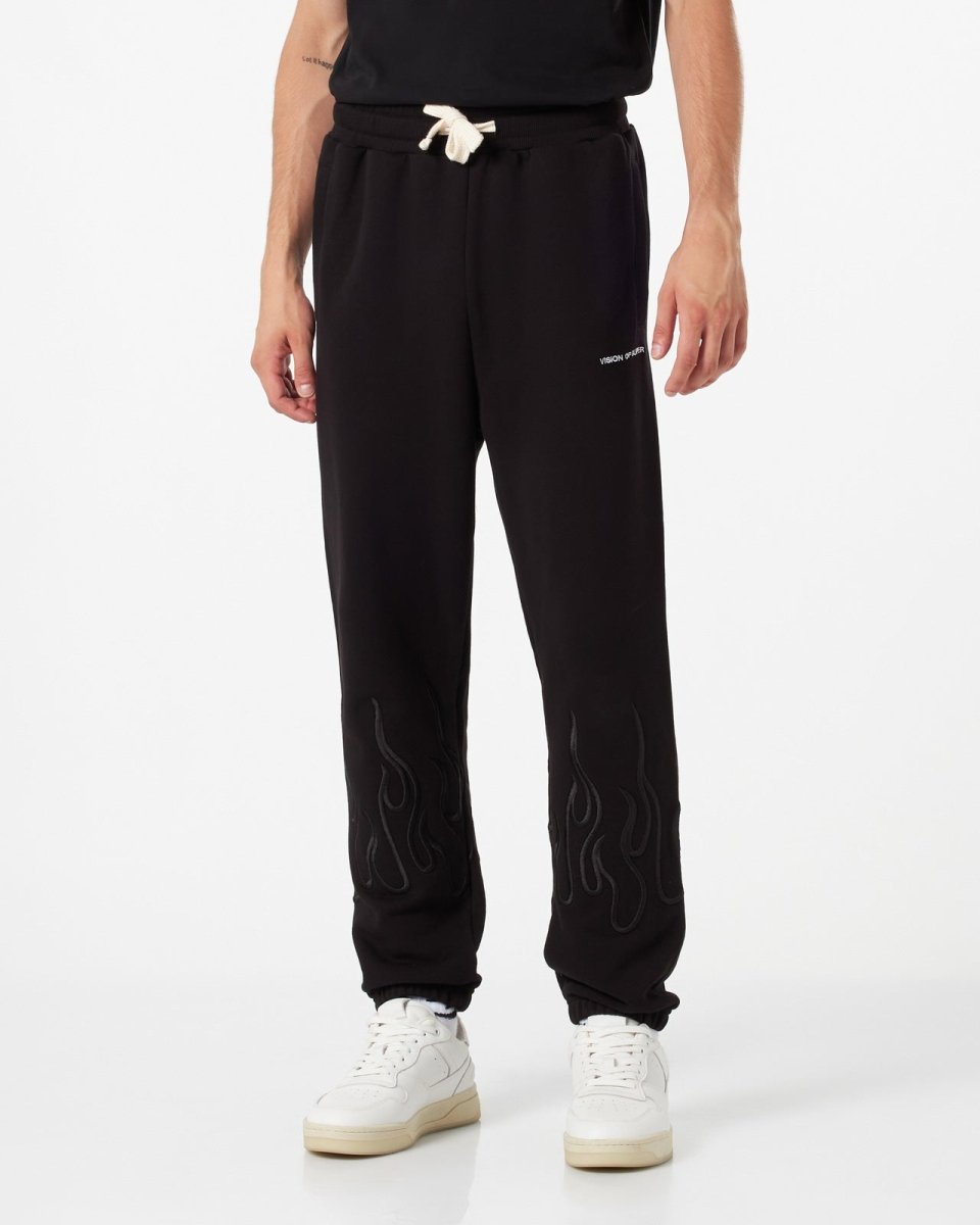 Vision Of Super BLACK PANTS WITH BLACK EMBROIDERED FLAMES Ultimo giorno