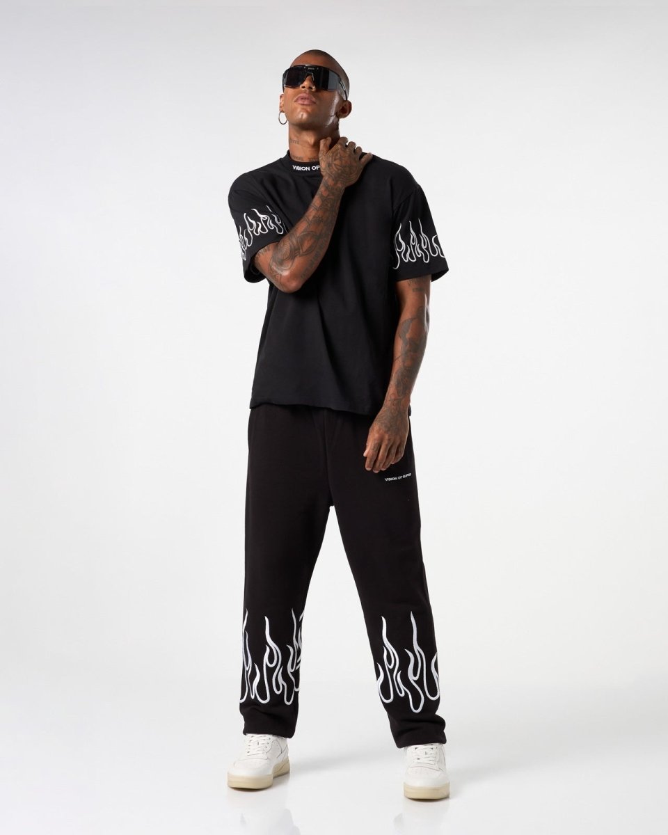 Vision Of Super BLACK PANTS WITH WHITE EMBROIDERED FLAMES Sconto