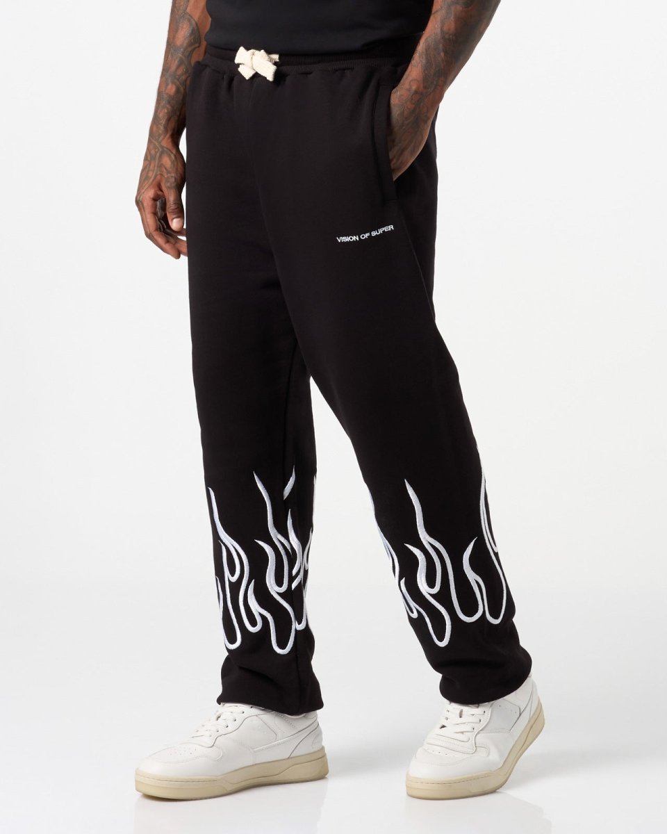 Vision Of Super BLACK PANTS WITH WHITE EMBROIDERED FLAMES Sconto