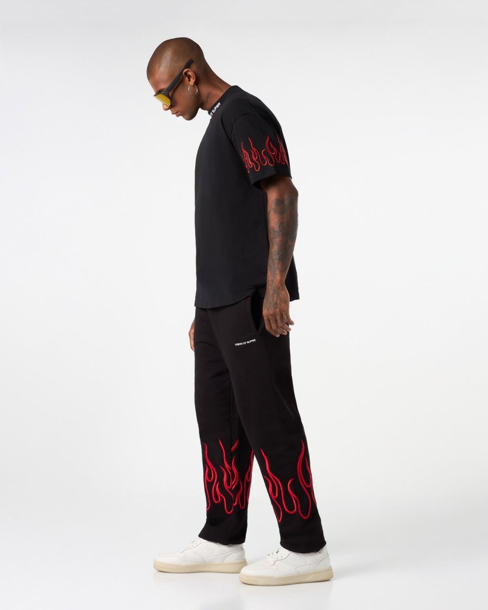 Vision Of Super BLACK PANTS WITH RED EMBROIDERED FLAMES Offerta