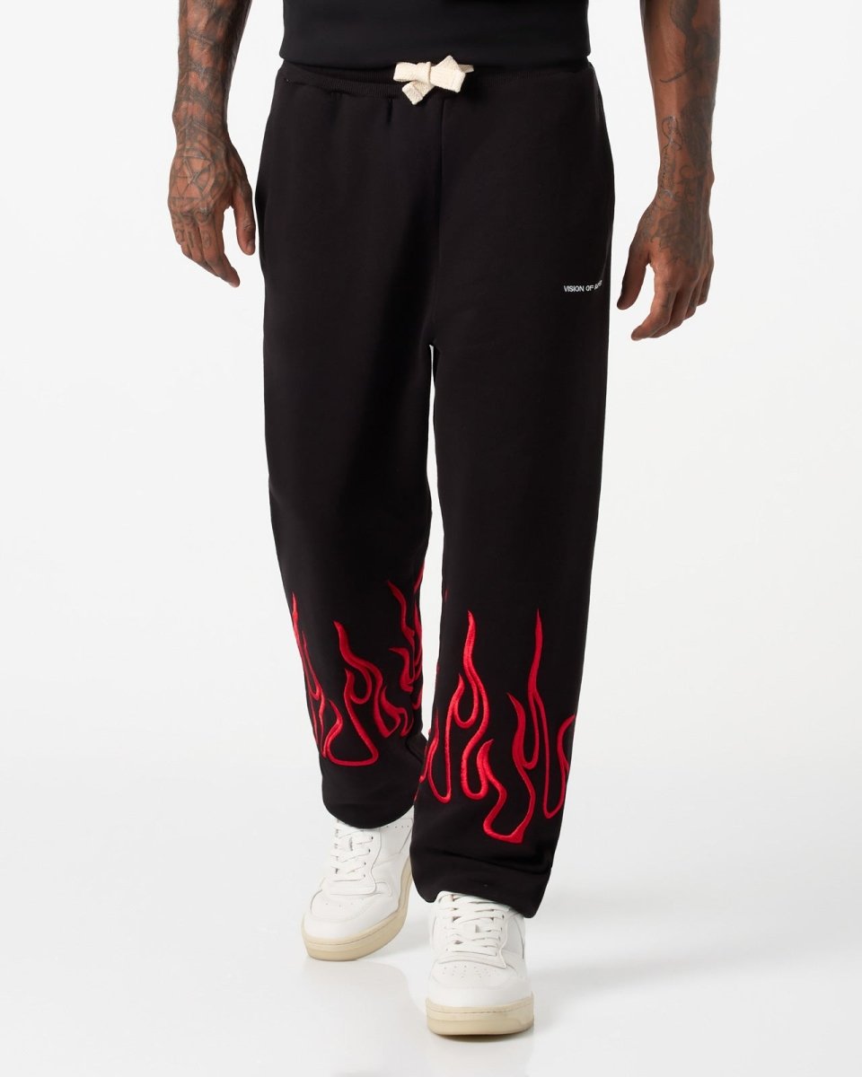 Vision Of Super BLACK PANTS WITH RED EMBROIDERED FLAMES Offerta