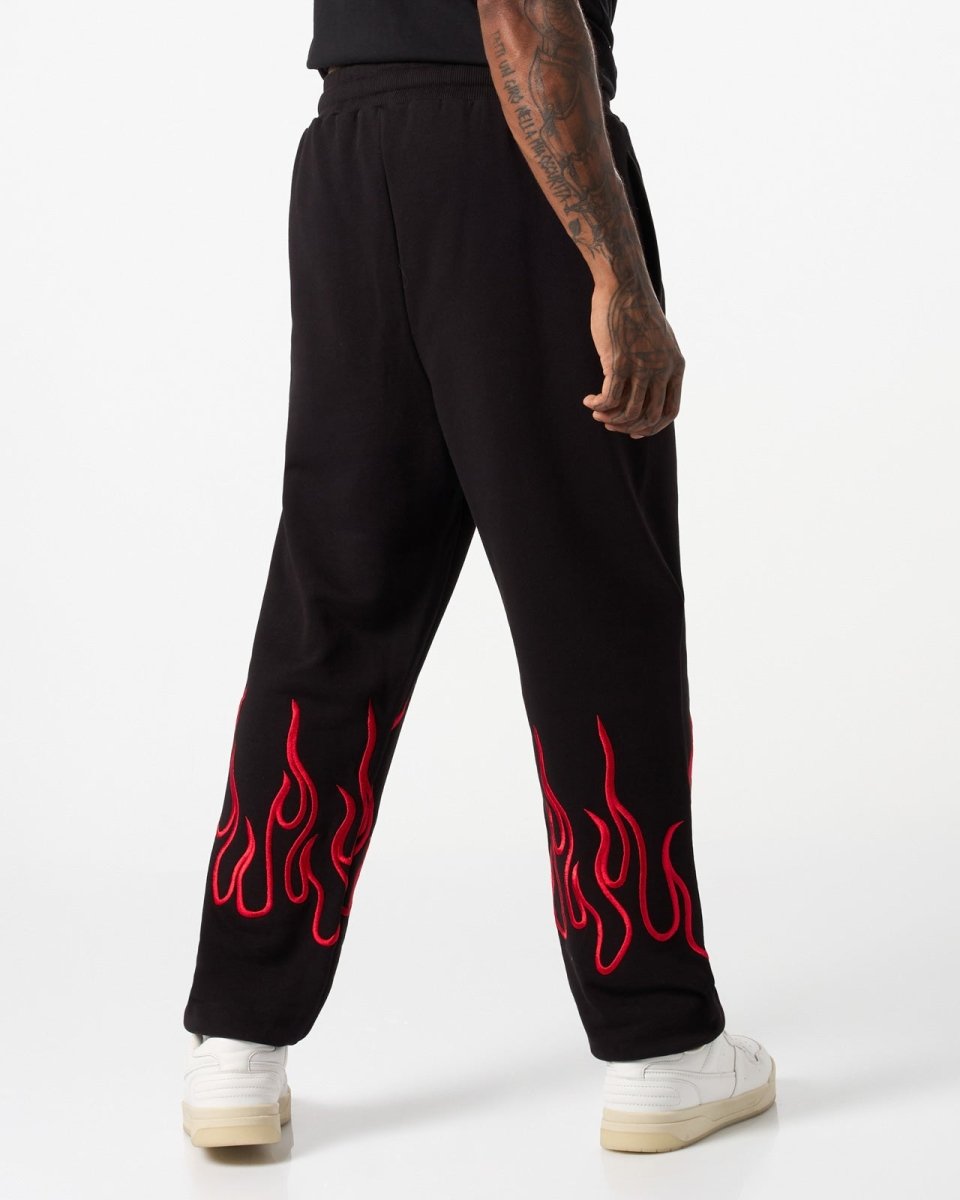 Vision Of Super BLACK PANTS WITH RED EMBROIDERED FLAMES Offerta
