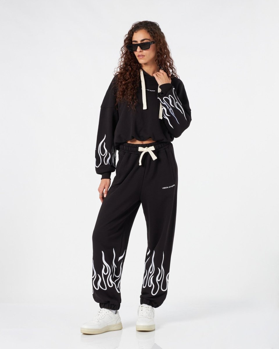 Vision Of Super BLACK WOMAN PANTS WITH WHITE EMBROIDERED FLAMES Economico