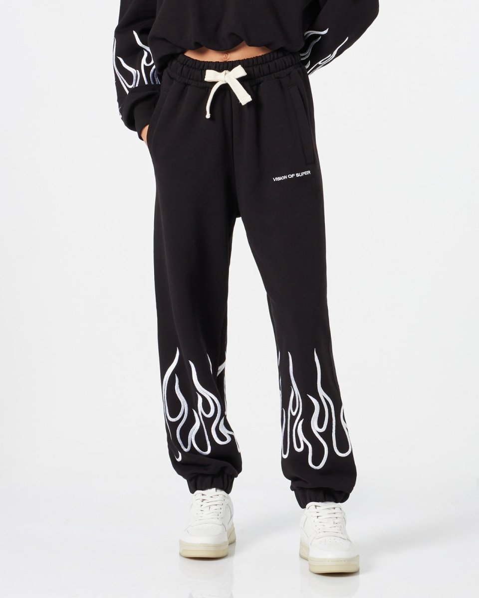 Vision Of Super BLACK WOMAN PANTS WITH WHITE EMBROIDERED FLAMES Economico