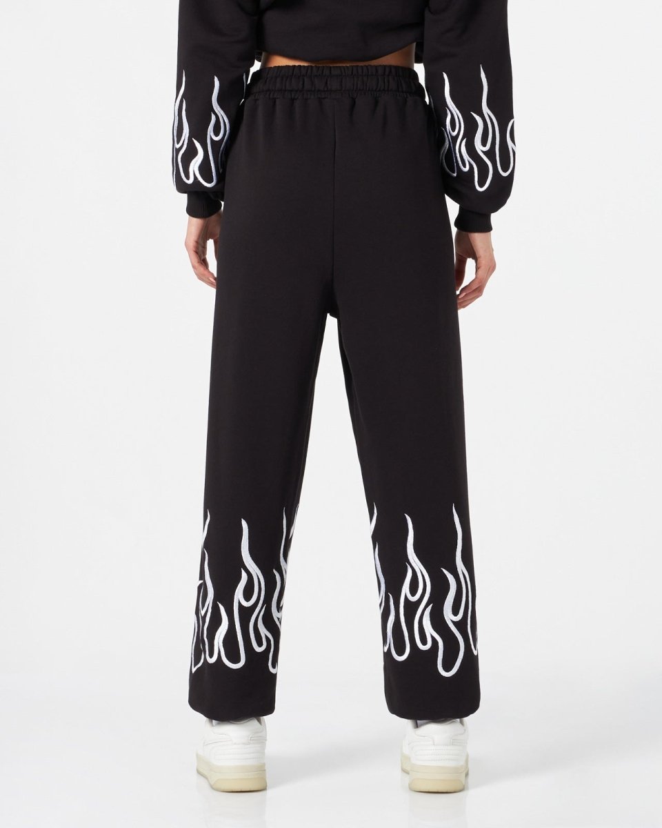 Vision Of Super BLACK WOMAN PANTS WITH WHITE EMBROIDERED FLAMES Economico