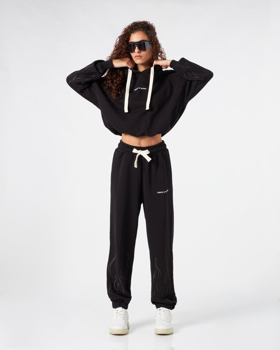 Vision Of Super BLACK WOMAN PANTS WITH BLACK EMBROIDERED FLAMES Outlet