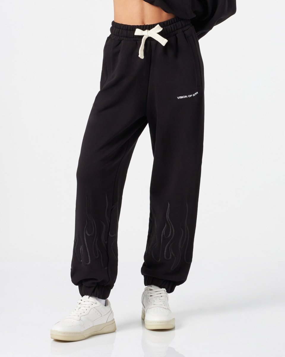 Vision Of Super BLACK WOMAN PANTS WITH BLACK EMBROIDERED FLAMES Outlet