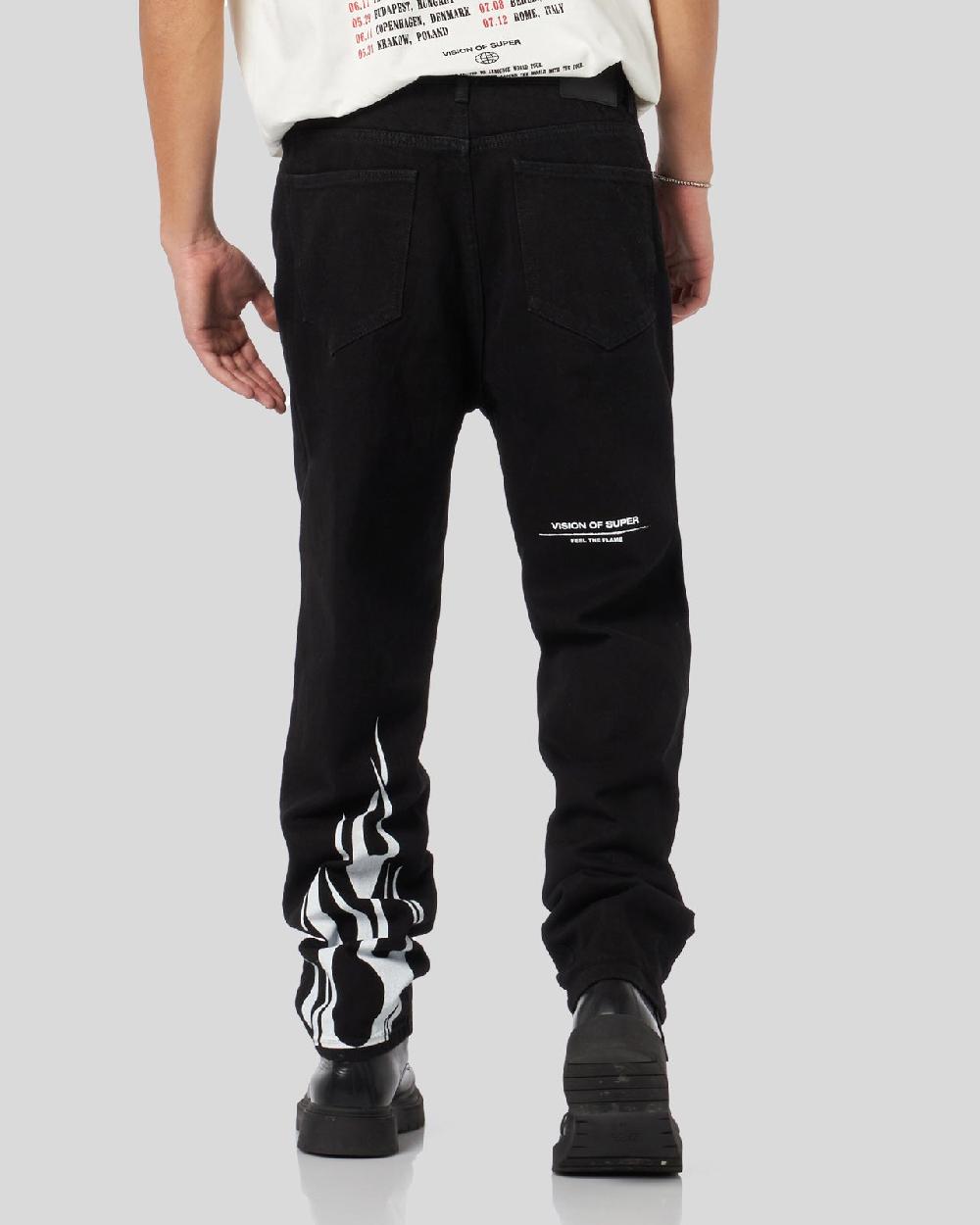 Vision Of Super BLACK DENIM JEANS WITH PRINTED FLAMES AND LOGO In Vendita