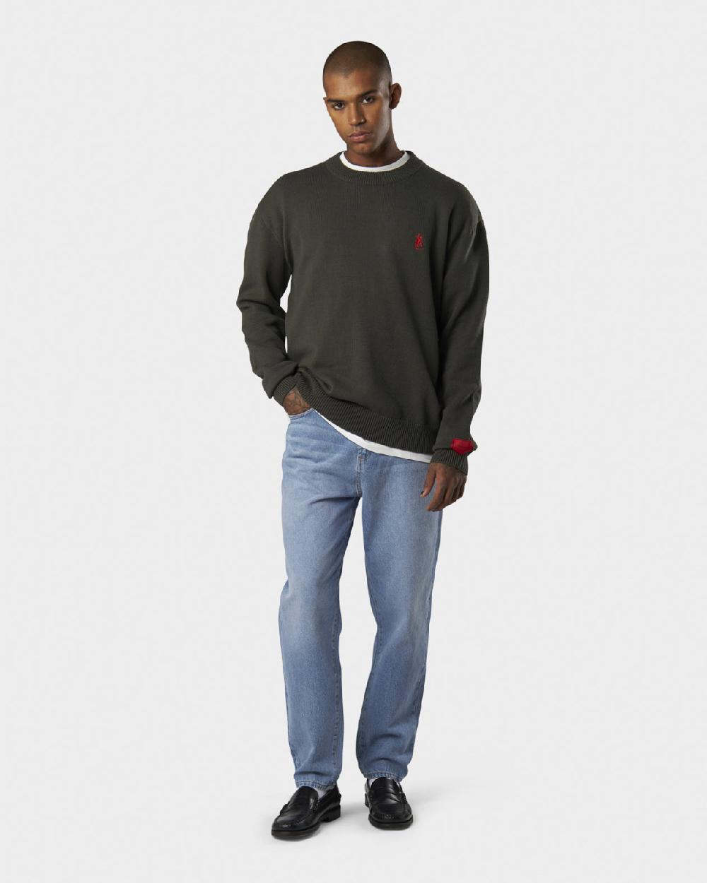 Vision Of Super MILITARY GREEN SWEATER WITH RED FLAME AND PRINTED LOGO Offerte