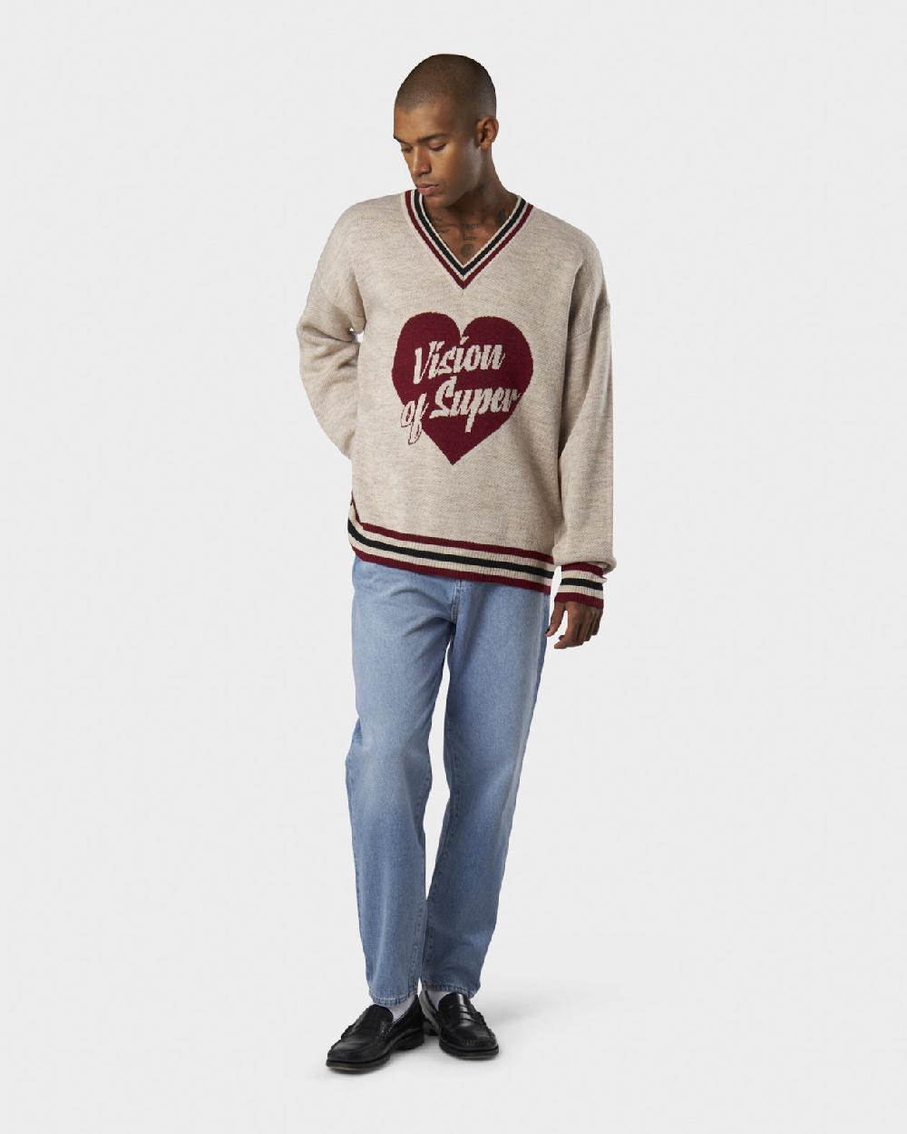Vision Of Super SAND COLLEGE JUMPER WITH RED JACQUARD VOS HEART Hotsell