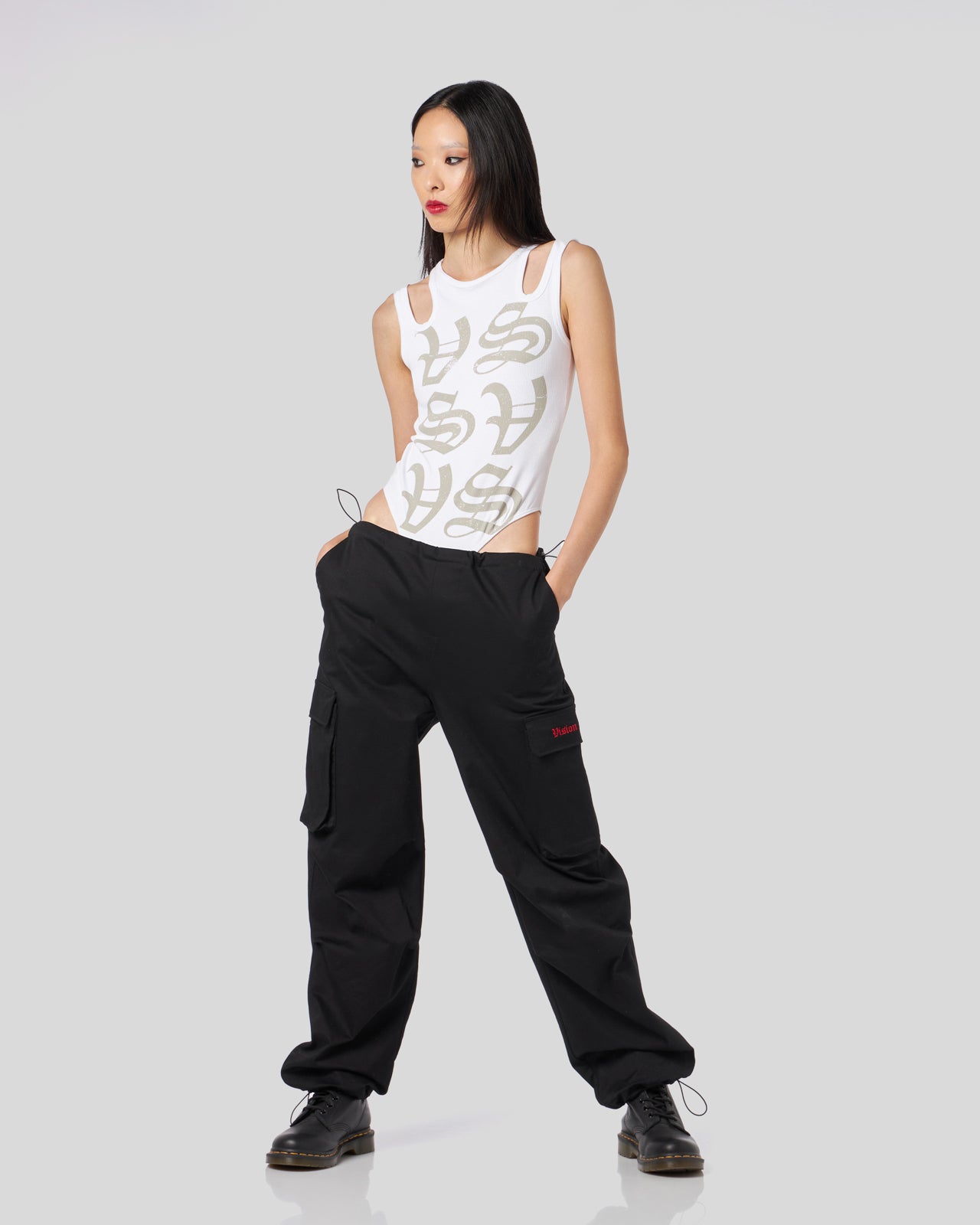 Vision Of Super BLACK CARGO PANTS WITH EMBROIDERED GOTIC LOGO Italy