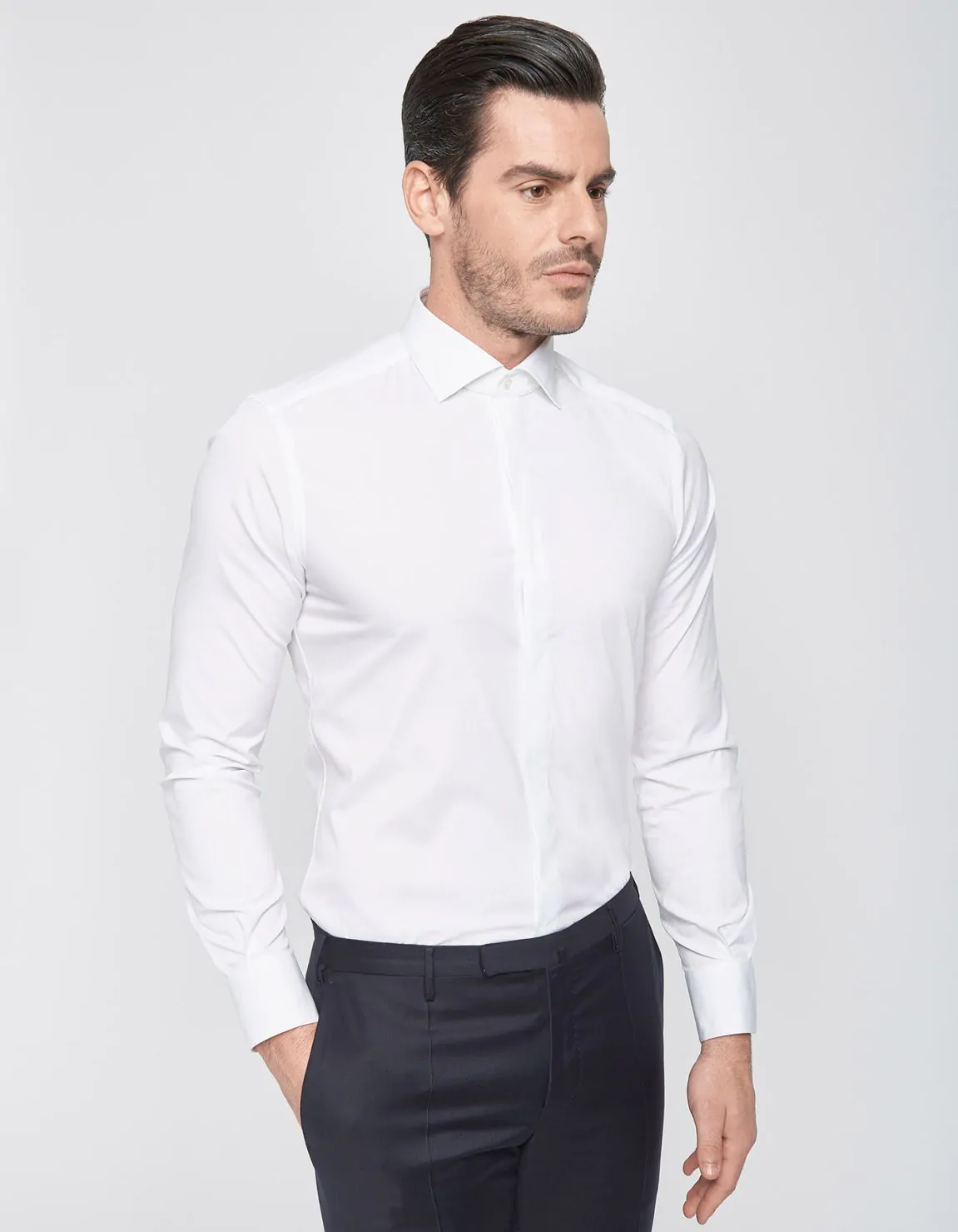 ﻿Xacus Camicia Collo francese Tinta Unita Tela Bianco