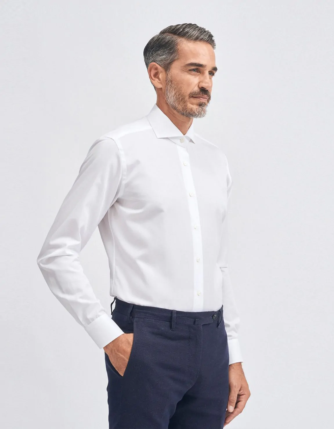 Xacus Camicia Collo francese Tinta Unita Twill Bianco