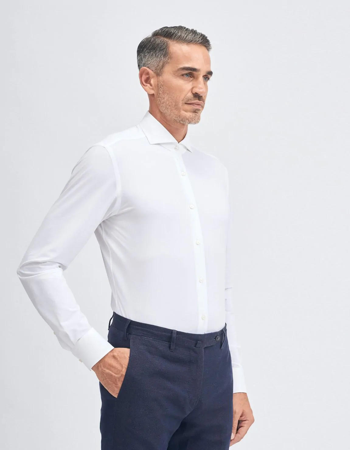 Xacus Camicia Collo francese Tinta Unita Twill Bianco