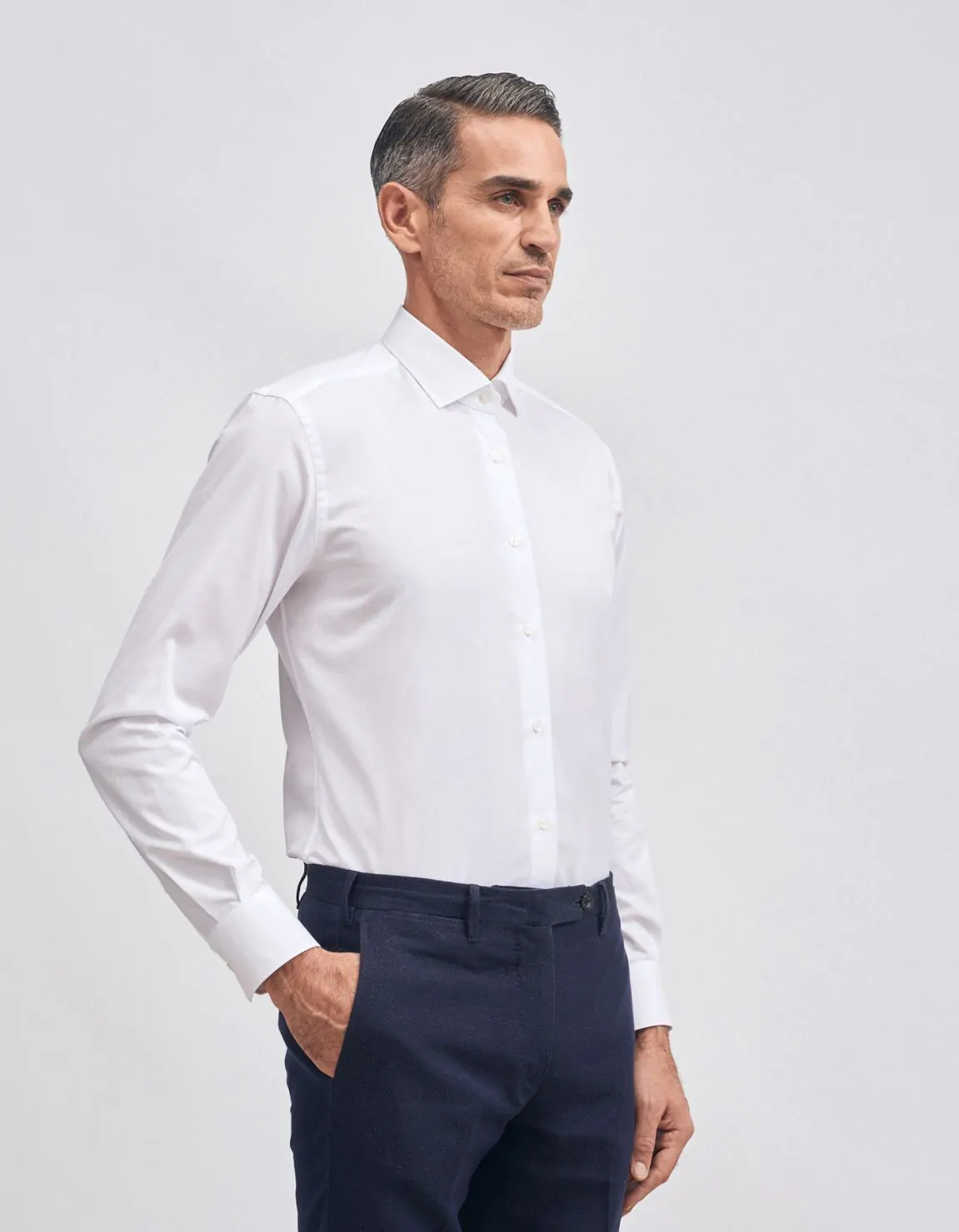 Xacus Camicia Collo francese piccolo Tinta Unita Twill Bianco