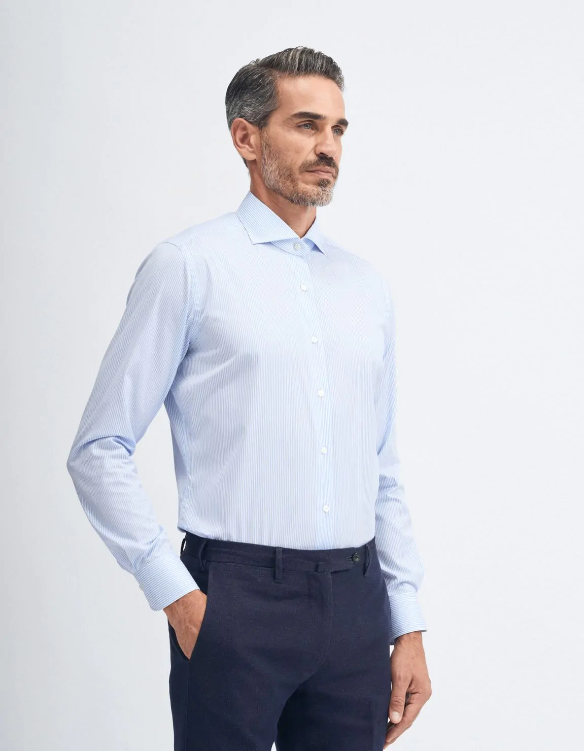 Xacus Camicia Collo francese Tinta Unita Twill Celeste