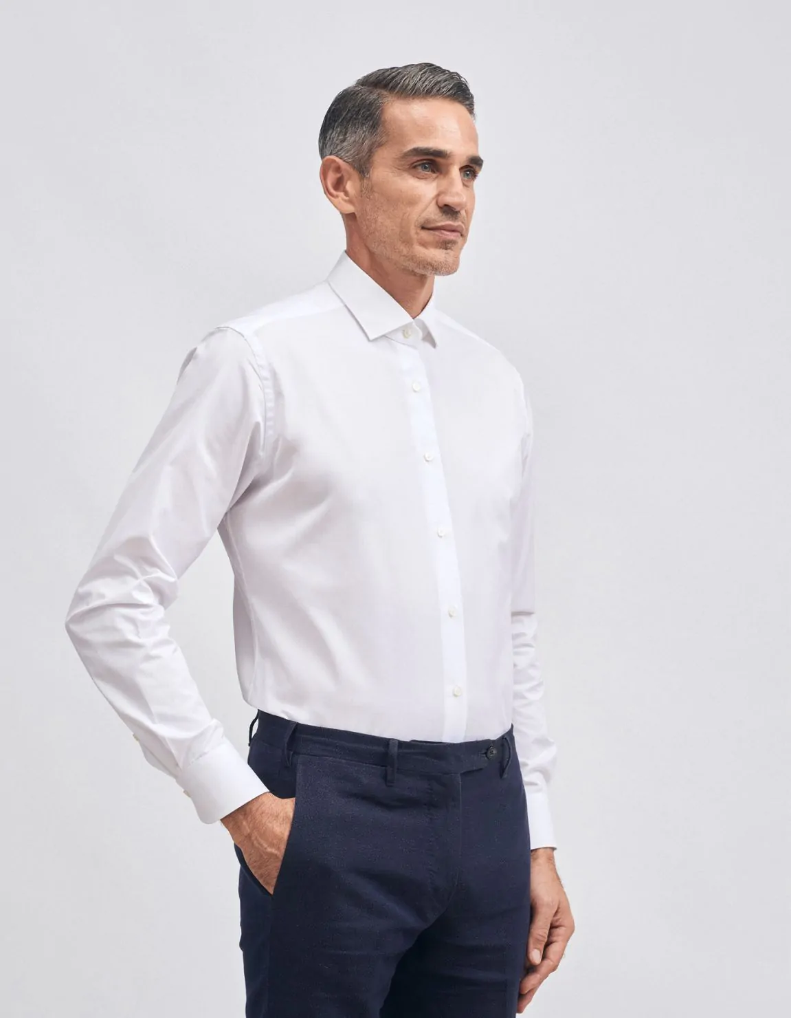 Xacus Camicia Collo francese piccolo Tinta Unita Twill Bianco