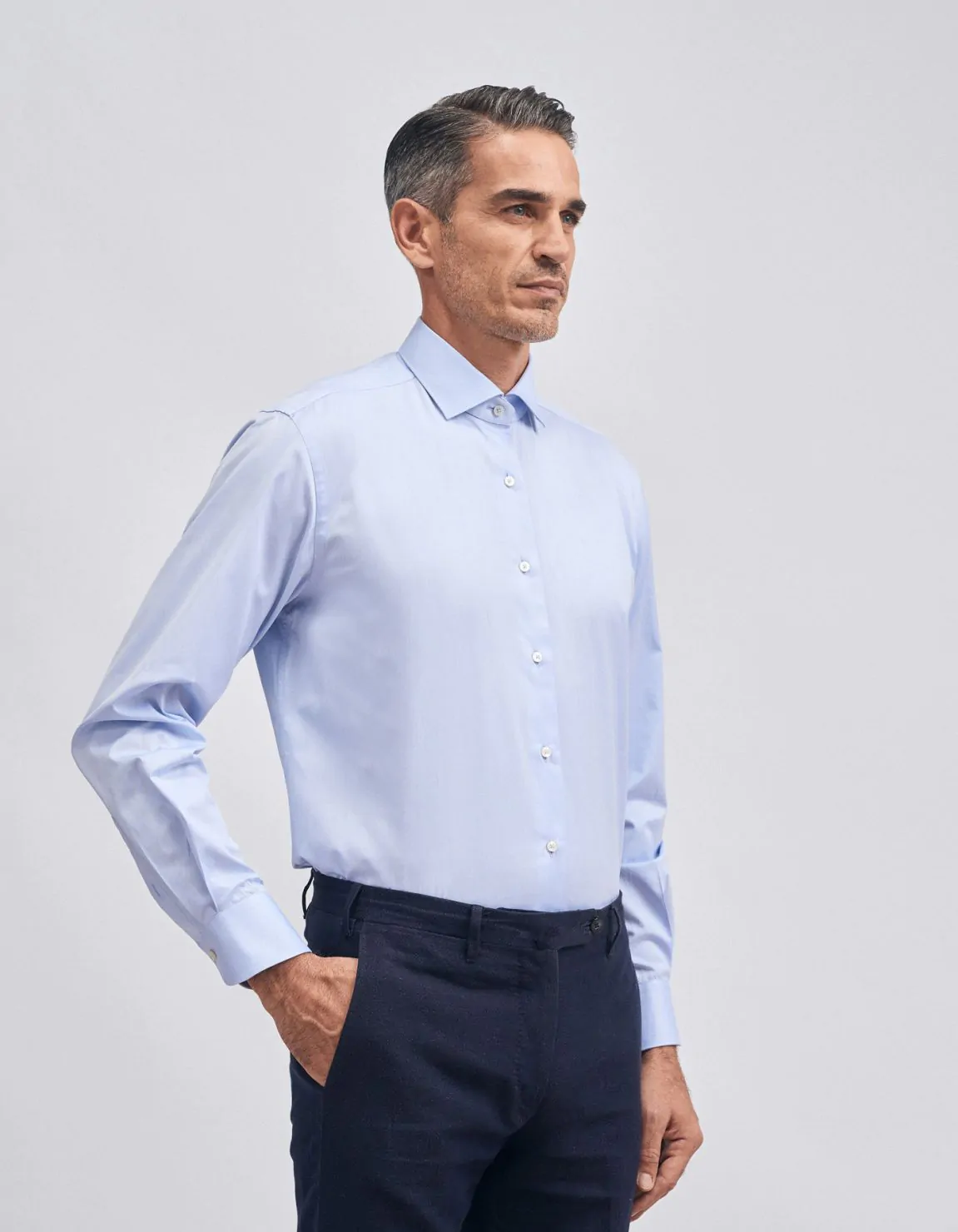 Xacus Camicia Collo francese piccolo Tinta Unita Twill Celeste scuro