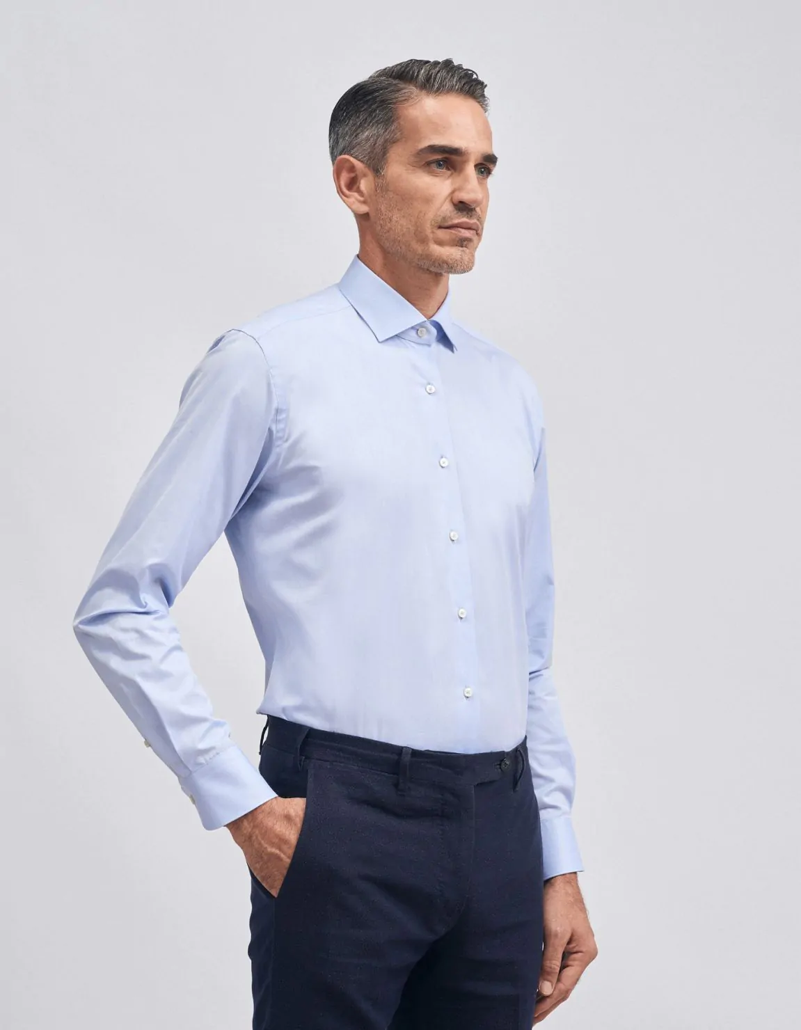 Xacus Camicia Collo francese piccolo Tinta Unita Twill Celeste scuro