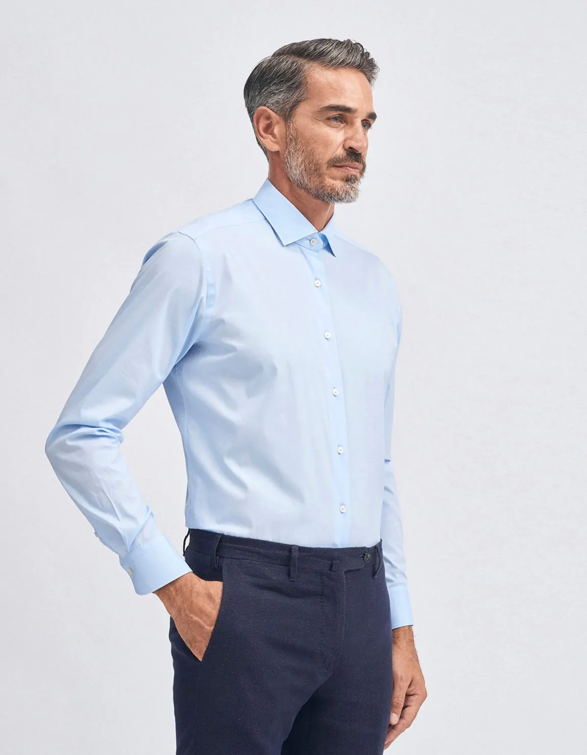 Xacus Camicia Collo francese piccolo Tinta Unita Tela Celeste