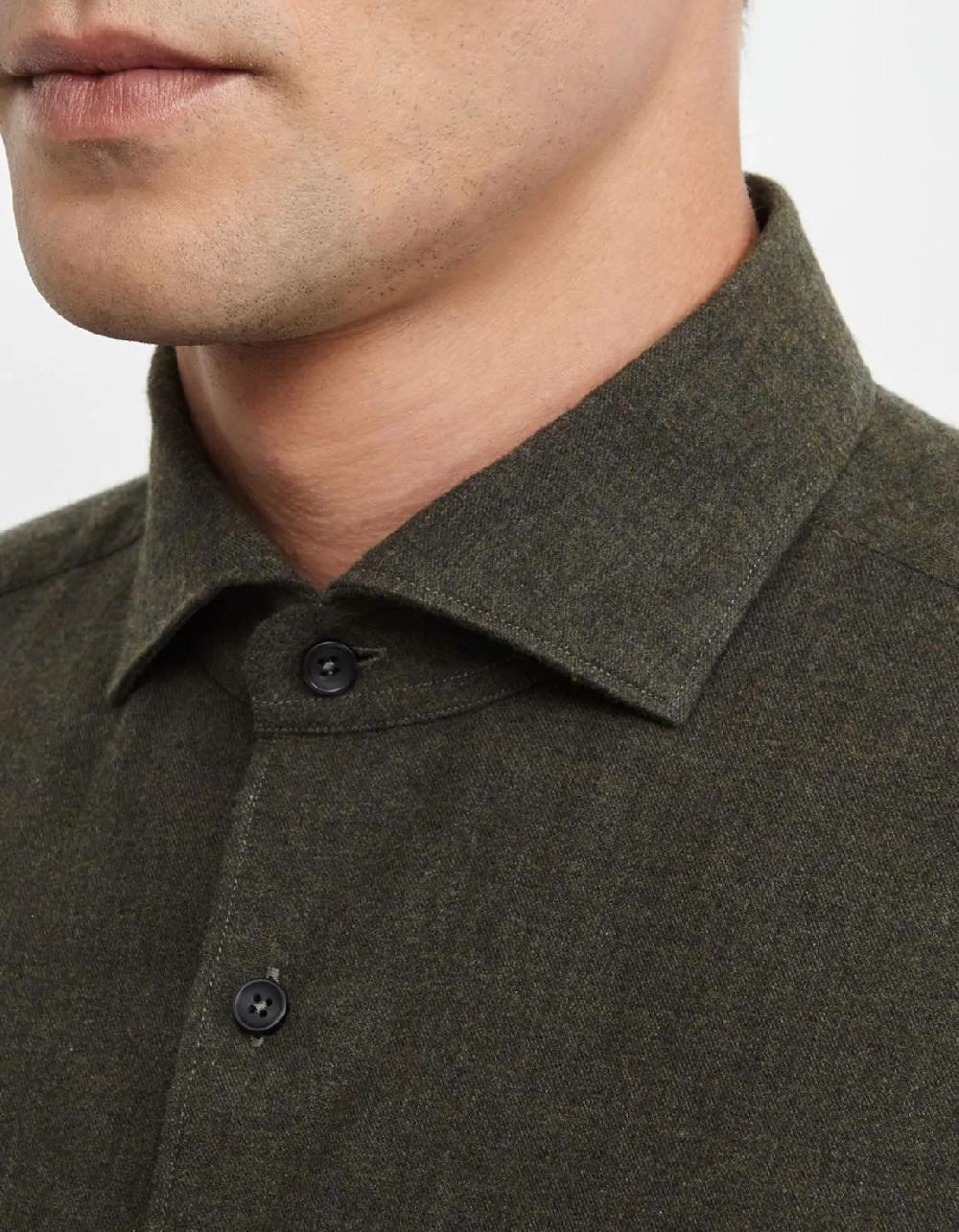 Xacus Camicia Collo francese Tinta Unita Twill Verde scuro