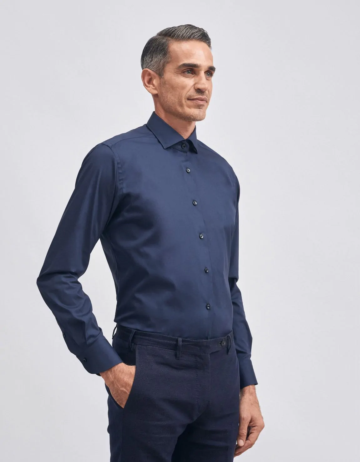 Xacus Camicia Collo francese piccolo Tinta Unita Tela Blu navy