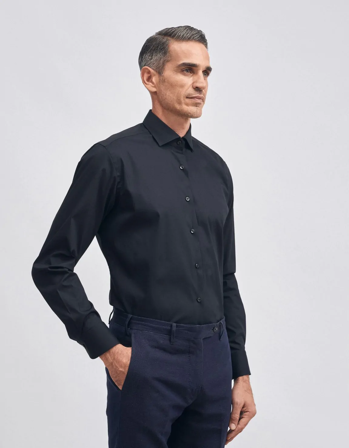 Xacus Camicia Collo francese piccolo Tinta Unita Tela Nero