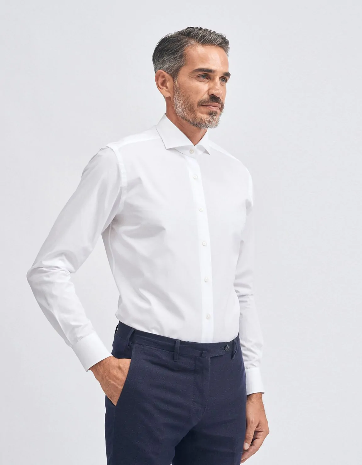Xacus Camicia Collo francese Tinta Unita Tela Bianco