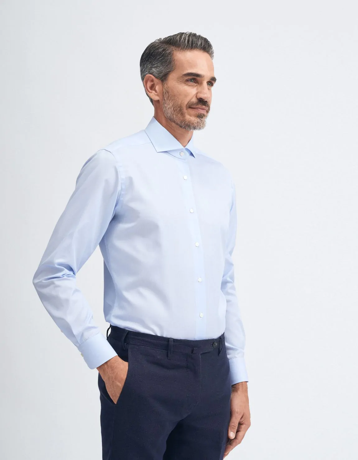 Xacus Camicia Collo francese Tinta Unita Twill Celeste chiaro