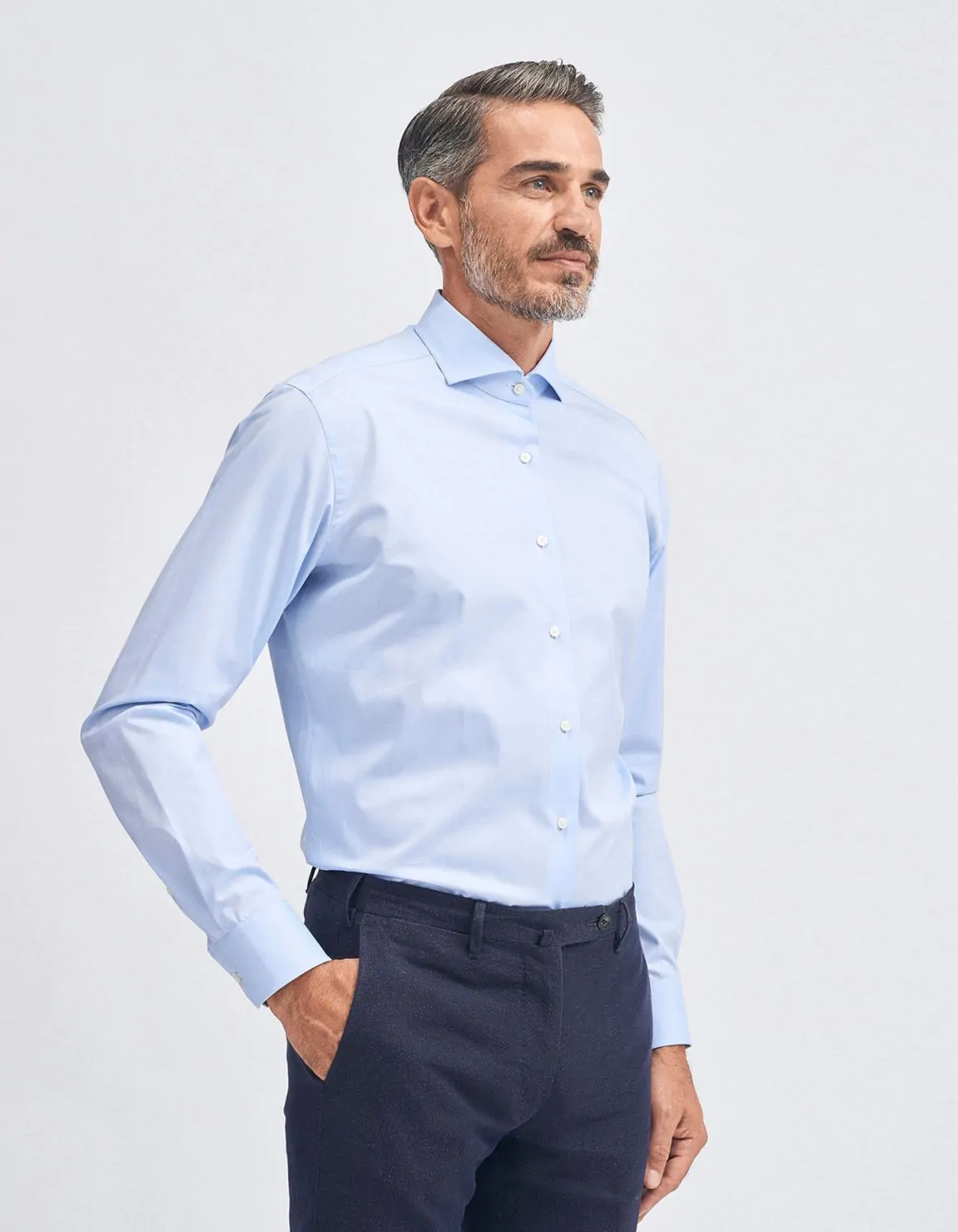 Xacus Camicia Collo francese Tinta Unita Twill Celeste