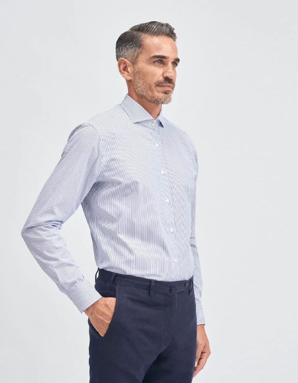 Xacus Camicia Collo francese Righe Popeline Blu