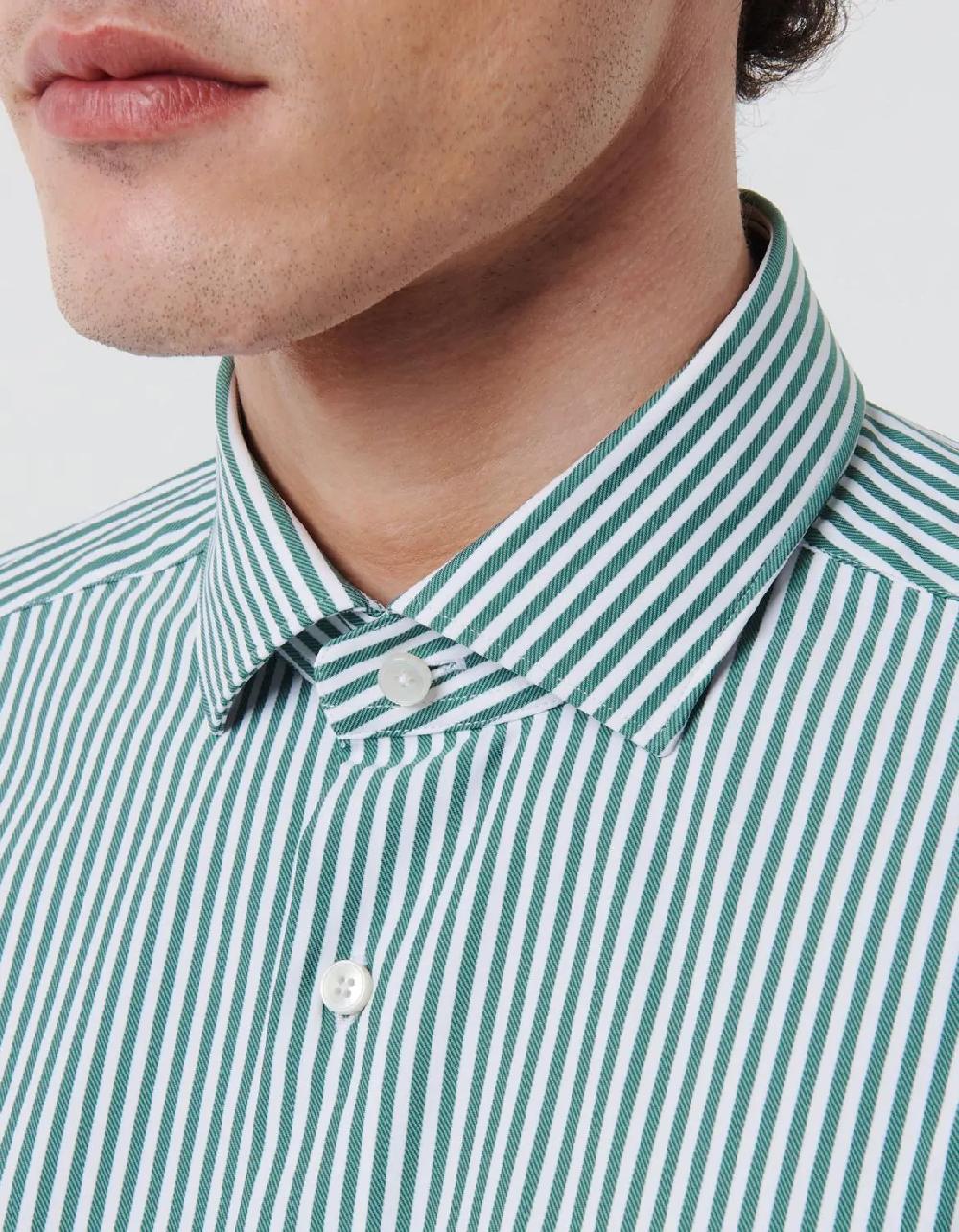 Xacus Camicia Collo francese piccolo Righe Twill Verde bosco