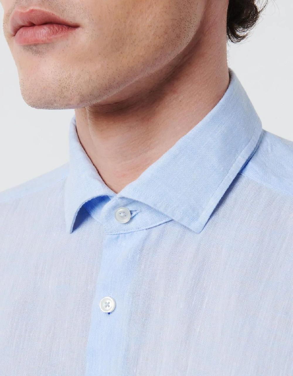 Xacus Camicia Collo italiano aperto Tinta Unita Lino Celeste
