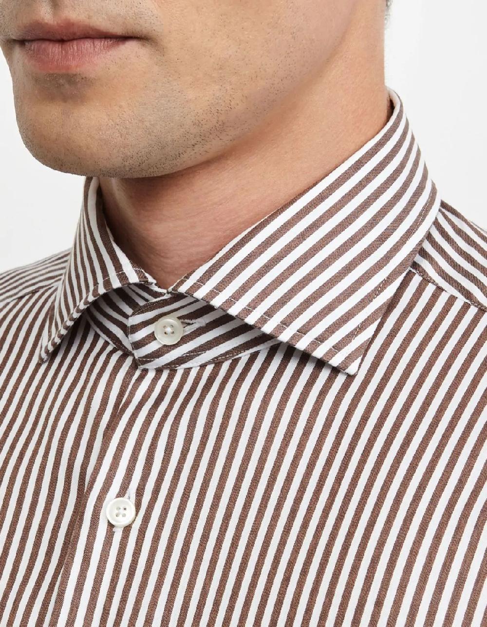 Xacus Camicia Collo francese Righe Twill Marrone