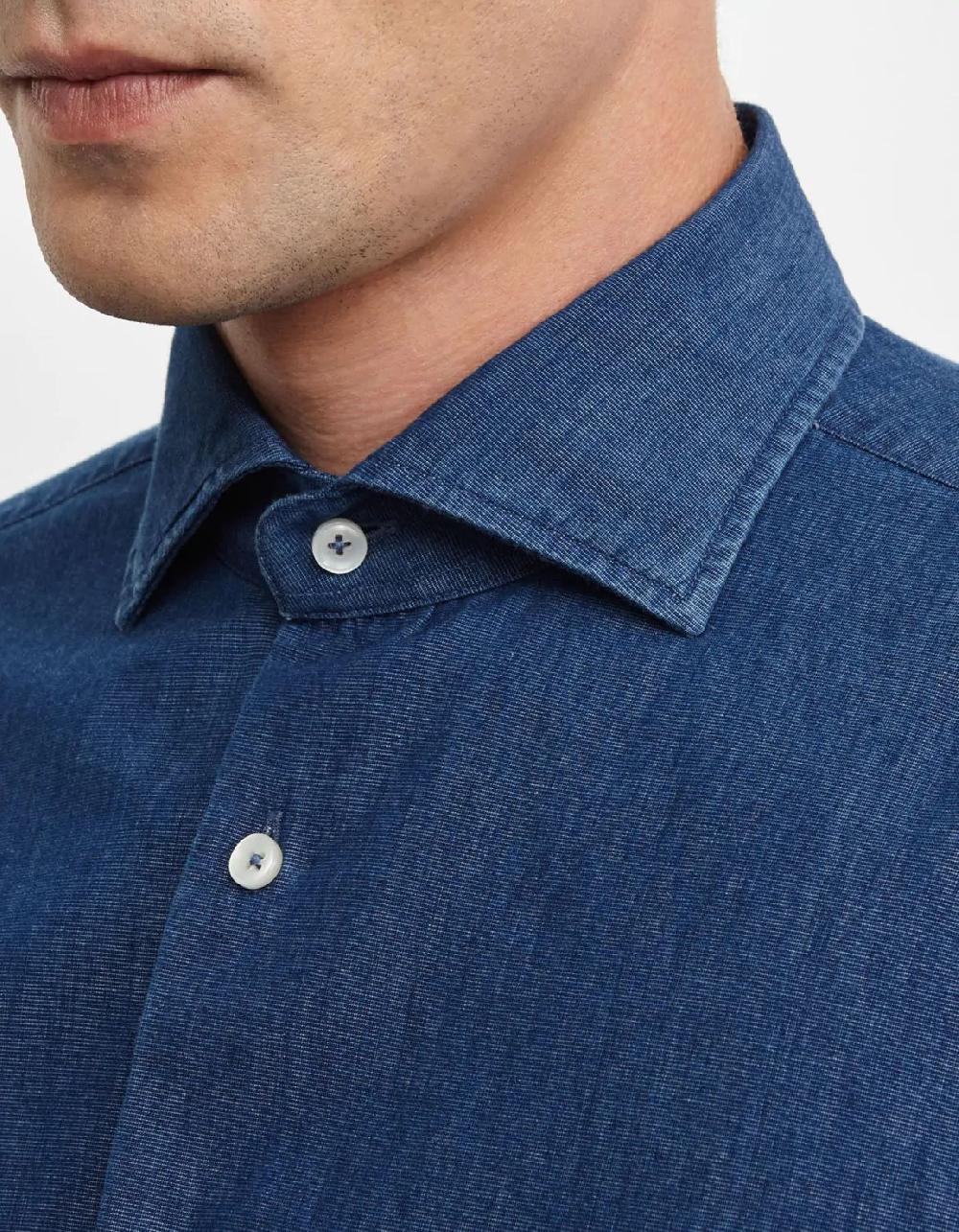 Xacus Camicia Collo francese Tinta Unita Indaco Blue jeans