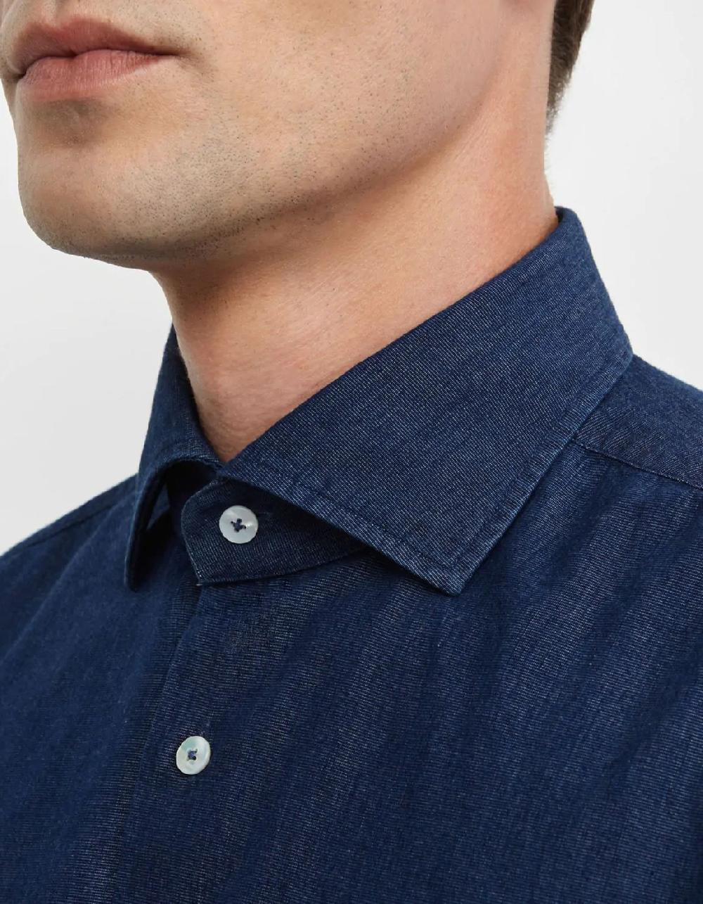 Xacus Camicia Collo francese Tinta Unita Indaco Blue jeans