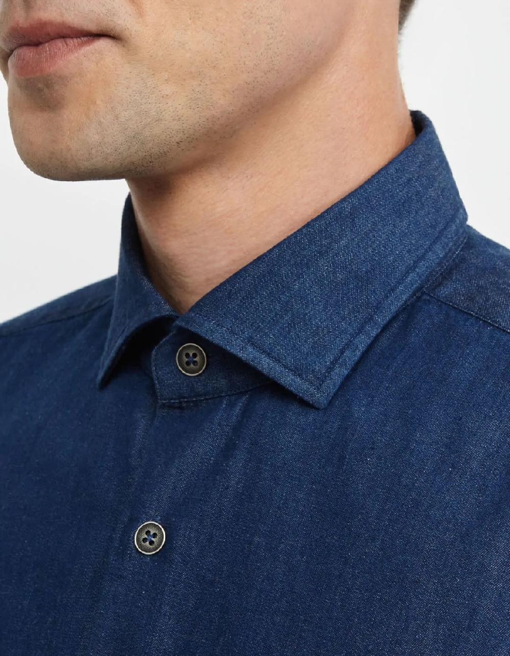 Xacus Camicia Collo francese piccolo Tinta Unita Indaco Blue jeans