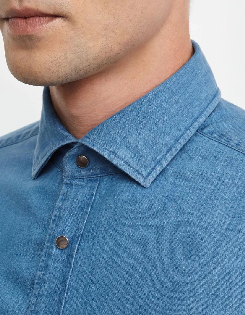Xacus Camicia Collo francese Tinta Unita Indaco Blue jeans