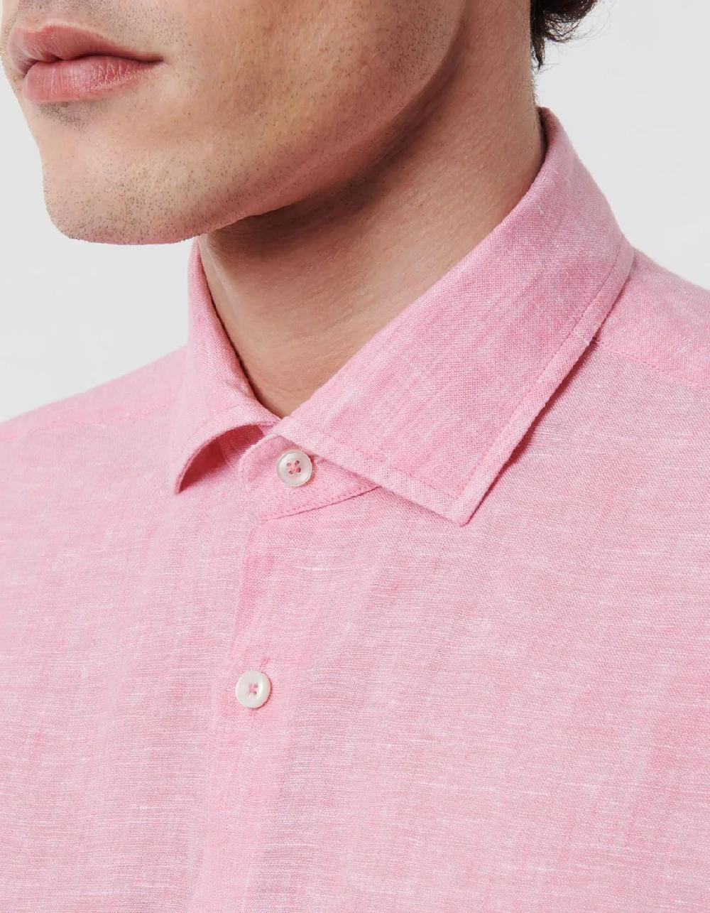 Xacus Camicia Collo francese piccolo Tinta Unita Lino Rosa scuro