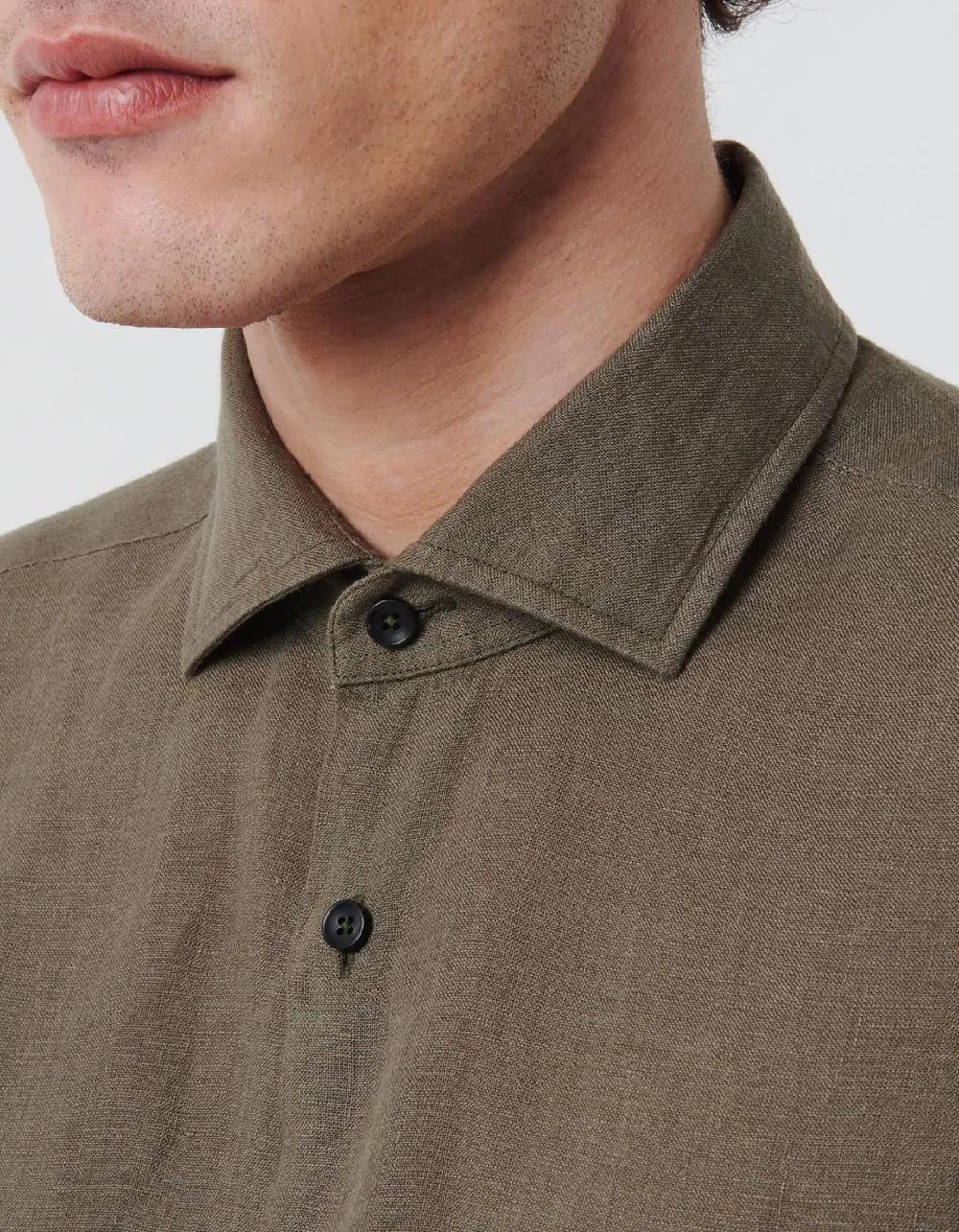 Xacus Camicia Collo francese piccolo Tinta Unita Lino Verde militare