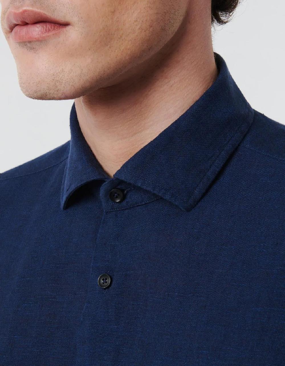 Xacus Camicia Collo francese piccolo Tinta Unita Lino Blu