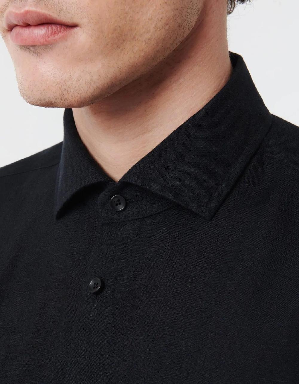 Xacus Camicia Collo francese piccolo Tinta Unita Lino Nero