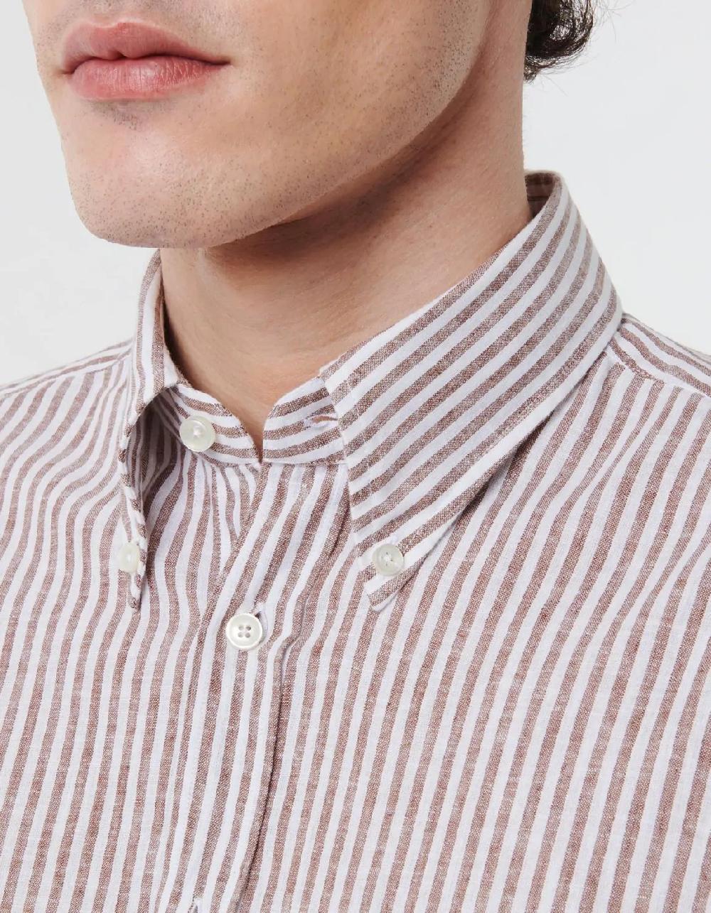 Xacus Camicia Collo button down Righe Lino Marrone