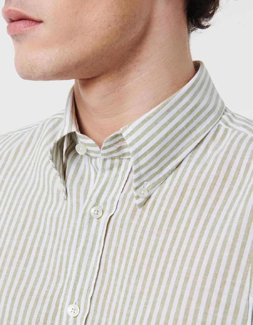 Xacus Camicia Collo button down Righe Lino Verde