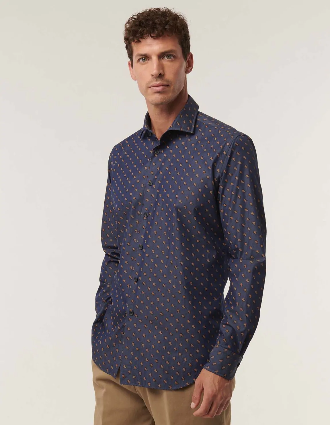 Xacus Camicia Collo francese piccolo Fantasia Twill Blue jeans