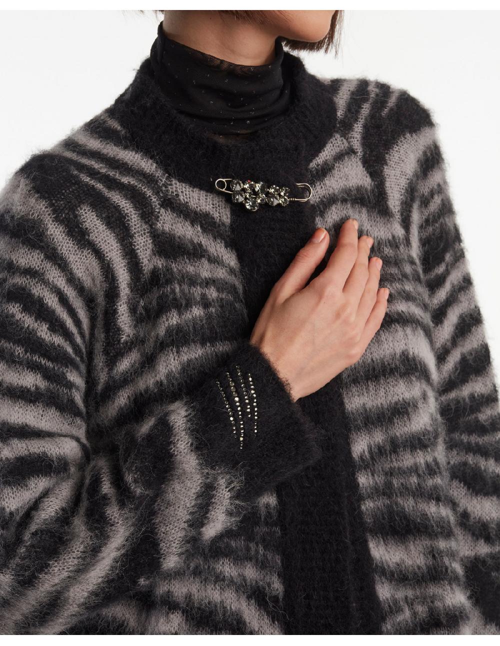 Angelo marani CARDIGAN GARZATO ZEBRA IN ALPACA+SPILLA Affare Del Giorno